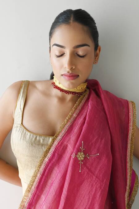 Shorshe Clothing_Pink Chanderi Silk, Tissue Cut Work, Sequins Sati And Embroidered Saree _at_Aza_Fashions