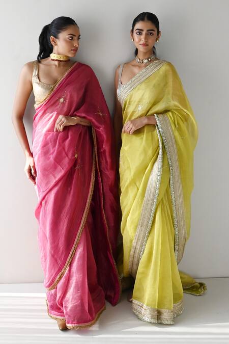 Buy_Shorshe Clothing_Pink Chanderi Silk, Tissue Cut Work, Sequins Sati And Embroidered Saree 