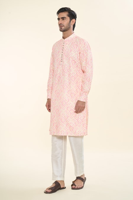Buy_Rng Safawala_Pink Cotton, Silk Sequins Ikat Print Kurta And Pant Set 