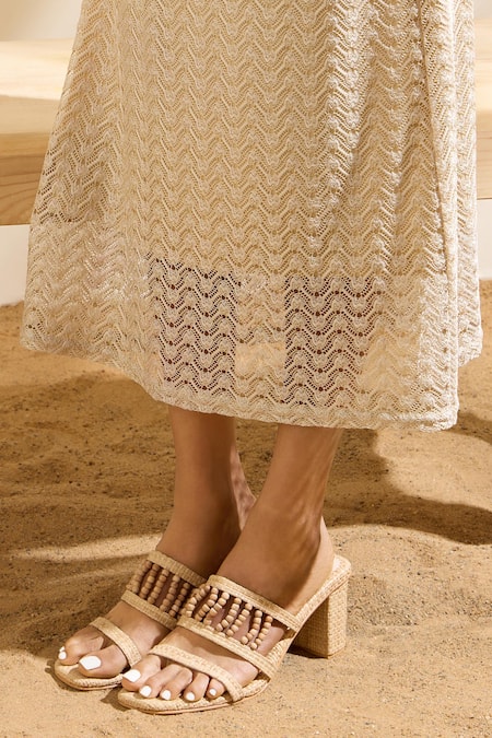 Buy_House Of Prisca_Beige Textured Dune Hand Beaded Heels _Online_at_Aza_Fashions