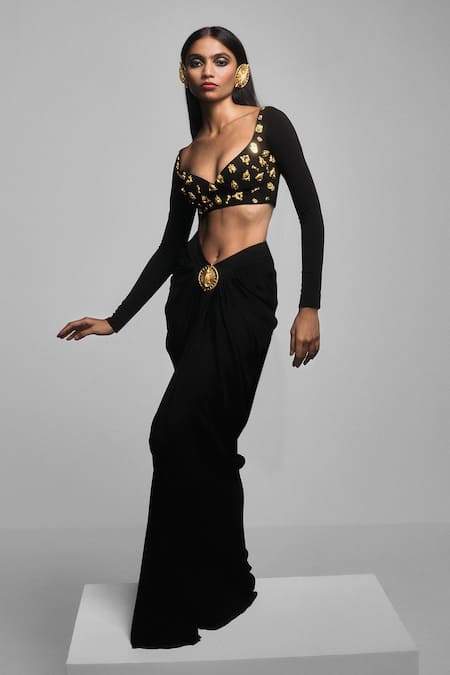 Shop_Masaba_Black Crepe Embroidery Siren Mascot Embellished Blouse With Draped Skirt _at_Aza_Fashions