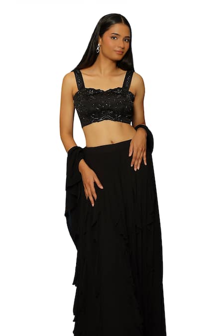 Pooja Kankariya Black Silk Embellished Thread Sweetheart Neck Bustier Lehenga Set  7