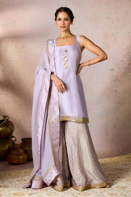 Shop_Masaba_Purple Silk, Organza Pixie Dust Embroidered Border Tunic Printed Sharara Set