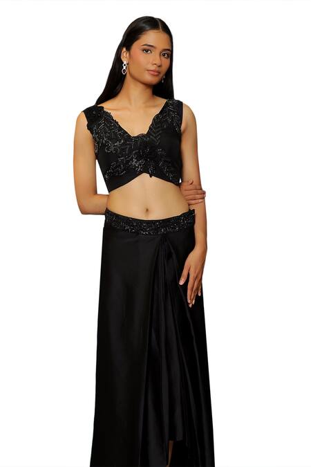 Pooja Kankariya_Black Silk, Satin, Organza 3d Floral Embellished Blouse And Draped Skirt Set _at_Aza_Fashions