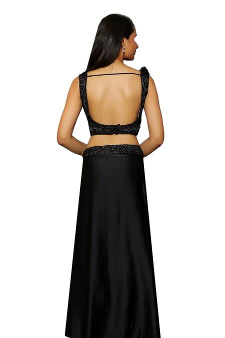 Shop_Pooja Kankariya_Black Silk, Satin, Organza 3d Floral Embellished Blouse And Draped Skirt Set 