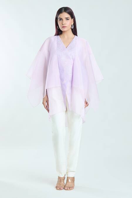 Amit Aggarwal Purple Organza Embroidery V-neck Wavy Striped Embossed Pattern Kimono Top Online at Aza Fashions Amit Aggarwal_Purple Organza Embroidery V-neck Wavy Striped Embossed Pattern Kimono Top _Online_at_Aza_Fashions