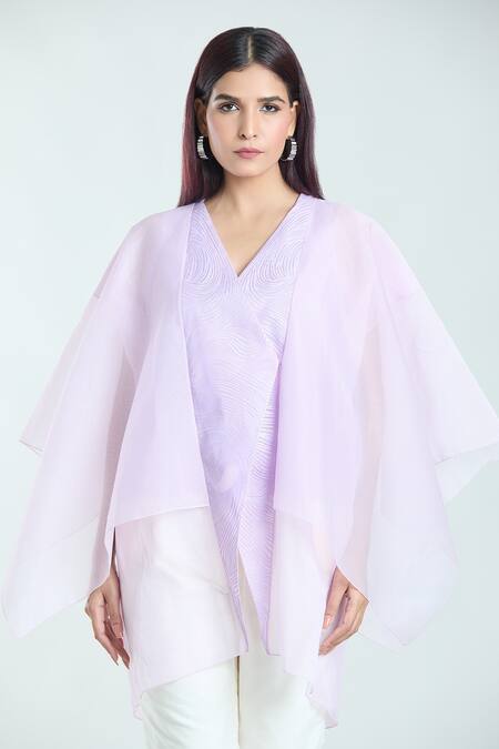 Buy Amit Aggarwal Purple Organza Embroidery V-neck Wavy Striped Embossed Pattern Kimono Top Online at Aza Fashions Buy_Amit Aggarwal_Purple Organza Embroidery V-neck Wavy Striped Embossed Pattern Kimono Top _Online_at_Aza_Fashions