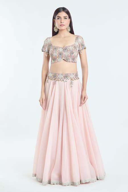 Buy Anamika Khanna Pink Chiffon Embroidery, Diamonds Scoop Neck Blouse Lehenga Set Online at Aza Fashions Buy_Anamika Khanna_Pink Chiffon Embroidery, Diamonds Scoop Neck Blouse Lehenga Set_Online_at_Aza_Fashions