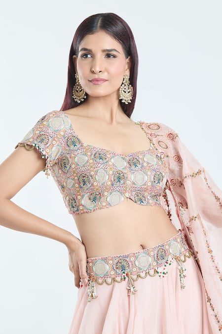 Shop Anamika Khanna Pink Chiffon Embroidery, Diamonds Scoop Neck Blouse Lehenga Set Online at Aza Fashions Shop_Anamika Khanna_Pink Chiffon Embroidery, Diamonds Scoop Neck Blouse Lehenga Set_Online_at_Aza_Fashions