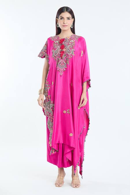 Anamika Khanna Fuchsia Silk Embroidery, Sequins Round Neck Kaftan And Draped Skirt Set Online at Aza Fashions Anamika Khanna_Fuchsia Silk Embroidery, Sequins Round Neck Kaftan And Draped Skirt Set_Online_at_Aza_Fashions