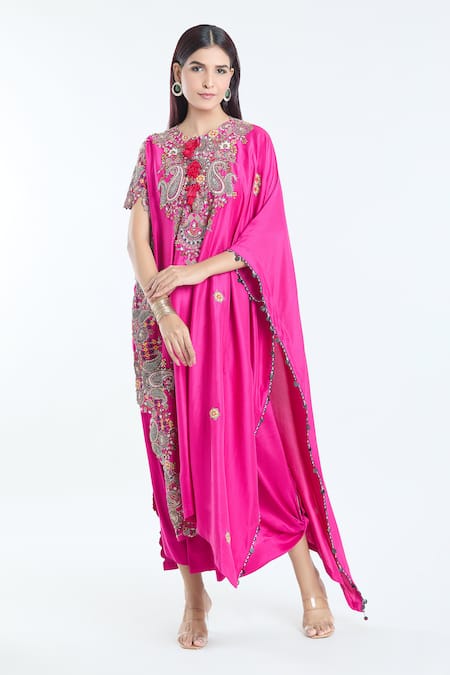 Shop Anamika Khanna Fuchsia Silk Embroidery, Sequins Round Neck Kaftan And Draped Skirt Set Online at Aza Fashions Shop_Anamika Khanna_Fuchsia Silk Embroidery, Sequins Round Neck Kaftan And Draped Skirt Set_Online_at_Aza_Fashions