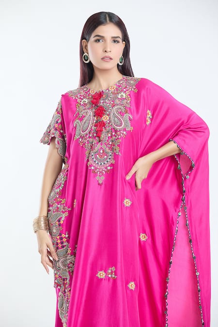 Anamika Khanna Fuchsia Silk Embroidery, Sequins Round Neck Kaftan And Draped Skirt Set at Aza Fashions Anamika Khanna_Fuchsia Silk Embroidery, Sequins Round Neck Kaftan And Draped Skirt Set_at_Aza_Fashions