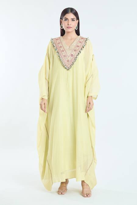 Anamika Khanna Yellow Silk Tassels, Lace V-neck Embroidered Yoke Kaftan Online at Aza Fashions Anamika Khanna_Yellow Silk Tassels, Lace V-neck Embroidered Yoke Kaftan_Online_at_Aza_Fashions