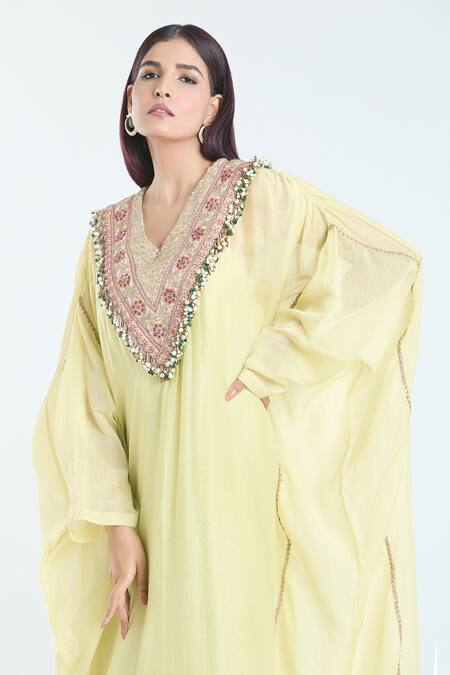 Buy Anamika Khanna Yellow Silk Tassels, Lace V-neck Embroidered Yoke Kaftan Online at Aza Fashions Buy_Anamika Khanna_Yellow Silk Tassels, Lace V-neck Embroidered Yoke Kaftan_Online_at_Aza_Fashions