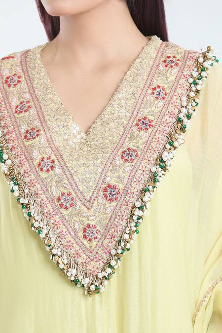 Shop Anamika Khanna Yellow Silk Tassels, Lace V-neck Embroidered Yoke Kaftan Online at Aza Fashions Shop_Anamika Khanna_Yellow Silk Tassels, Lace V-neck Embroidered Yoke Kaftan_Online_at_Aza_Fashions