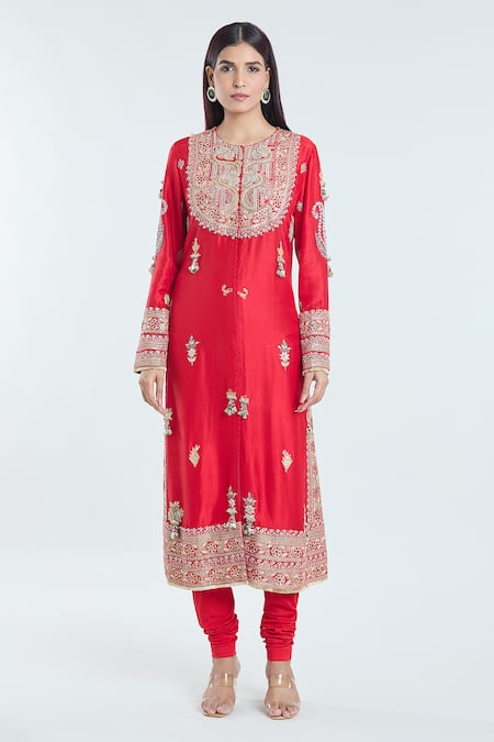 Anamika Khanna_Red Sequins, Beads, Diamonds, Tassels Round Neck Embroidered Straight Kurta Set_Online_at_Aza_Fashions