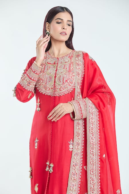 Shop_Anamika Khanna_Red Sequins, Beads, Diamonds, Tassels Round Neck Embroidered Straight Kurta Set_Online_at_Aza_Fashions
