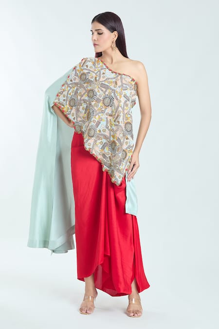 Anamika Khanna_Blue Cotton Beads One Shoulder Embellished Tunic And Skirt Set_Online_at_Aza_Fashions