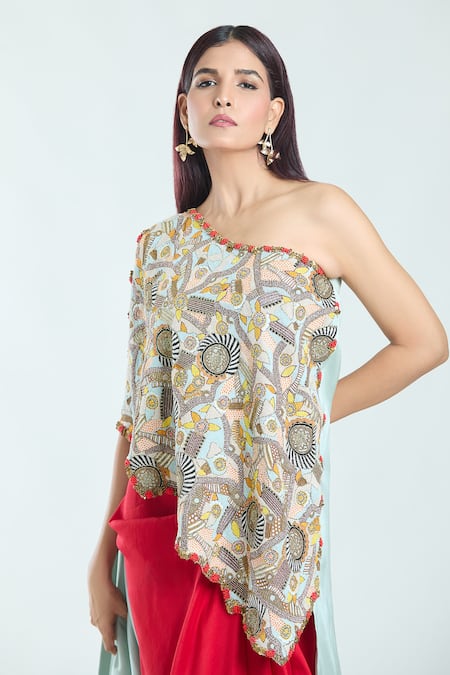 Buy_Anamika Khanna_Blue Cotton Beads One Shoulder Embellished Tunic And Skirt Set_Online_at_Aza_Fashions