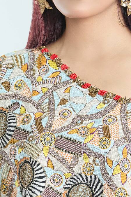 Shop_Anamika Khanna_Blue Cotton Beads One Shoulder Embellished Tunic And Skirt Set_Online_at_Aza_Fashions