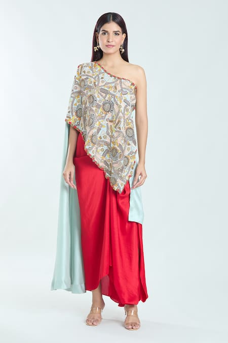 Buy_Anamika Khanna_Blue Cotton Beads One Shoulder Embellished Tunic And Skirt Set