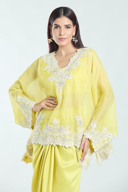 Buy Anamika Khanna Yellow Embroidery V-neck Floral Tunic And Draped Skirt Set Online at Aza Fashions Buy_Anamika Khanna_Yellow Embroidery V-neck Floral Tunic And Draped Skirt Set _Online_at_Aza_Fashions