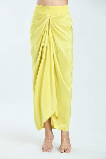 Anamika Khanna Yellow Embroidery V-neck Floral Tunic And Draped Skirt Set at Aza Fashions Anamika Khanna_Yellow Embroidery V-neck Floral Tunic And Draped Skirt Set _at_Aza_Fashions