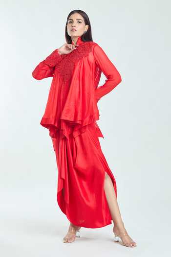 Anamika Khanna_Red Silk Embroidery Mandarin Collar, High 3d Floral Trapeze Tunic Skirt Set _at_Aza_Fashions