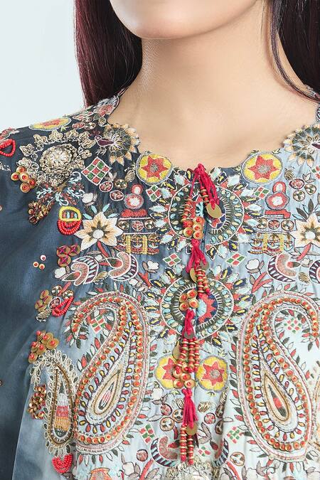 Shop Anamika Khanna Black Silk Sequins Round Neck Paisley Embroidered Kaftan And Draped Skirt Set Online at Aza Fashions Shop_Anamika Khanna_Black Silk Sequins Round Neck Paisley Embroidered Kaftan And Draped Skirt Set_Online_at_Aza_Fashions