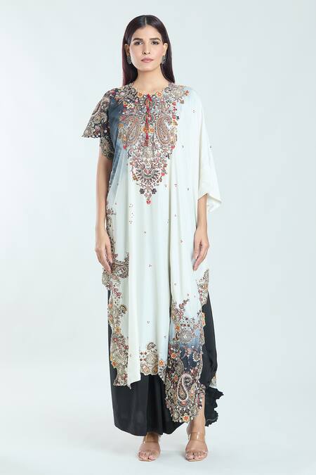 Anamika Khanna Black Silk Sequins Round Neck Paisley Embroidered Kaftan And Draped Skirt Set at Aza Fashions Anamika Khanna_Black Silk Sequins Round Neck Paisley Embroidered Kaftan And Draped Skirt Set_at_Aza_Fashions