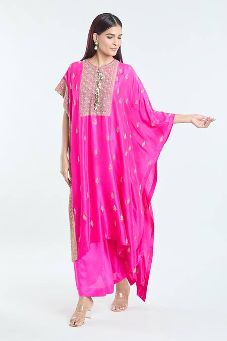 Buy Anamika Khanna Fuchsia Silk Embroidery Round Neck Floral Kaftan And Draped Skirt Set Online at Aza Fashions Buy_Anamika Khanna_Fuchsia Silk Embroidery Round Neck Floral Kaftan And Draped Skirt Set_Online_at_Aza_Fashions