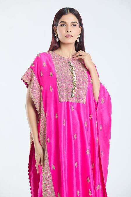 Shop Anamika Khanna Fuchsia Silk Embroidery Round Neck Floral Kaftan And Draped Skirt Set Online at Aza Fashions Shop_Anamika Khanna_Fuchsia Silk Embroidery Round Neck Floral Kaftan And Draped Skirt Set_Online_at_Aza_Fashions