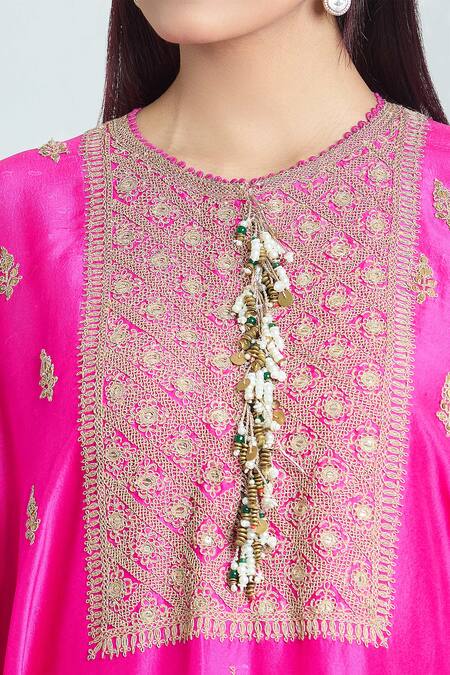 Anamika Khanna Fuchsia Silk Embroidery Round Neck Floral Kaftan And Draped Skirt Set at Aza Fashions Anamika Khanna_Fuchsia Silk Embroidery Round Neck Floral Kaftan And Draped Skirt Set_at_Aza_Fashions