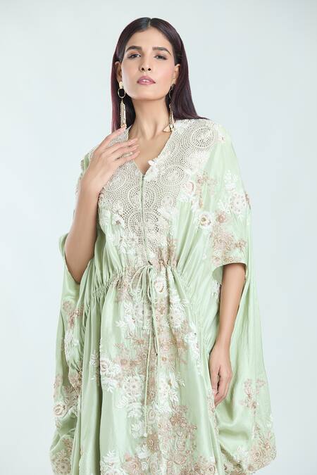 Buy Anamika Khanna Green Cotton Embroidery V-neck Resham Kaftan And Skirt Set Online at Aza Fashions Buy_Anamika Khanna_Green Cotton Embroidery V-neck Resham Kaftan And Skirt Set_Online_at_Aza_Fashions