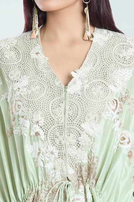 Shop Anamika Khanna Green Cotton Embroidery V-neck Resham Kaftan And Skirt Set Online at Aza Fashions Shop_Anamika Khanna_Green Cotton Embroidery V-neck Resham Kaftan And Skirt Set_Online_at_Aza_Fashions