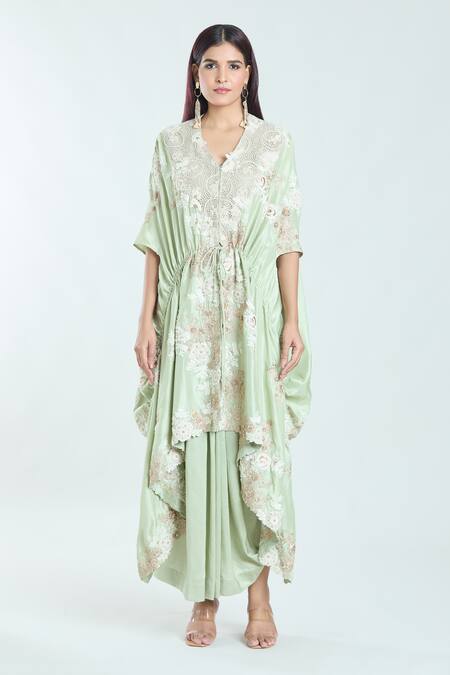 Anamika Khanna Green Cotton Embroidery V-neck Resham Kaftan And Skirt Set at Aza Fashions Anamika Khanna_Green Cotton Embroidery V-neck Resham Kaftan And Skirt Set_at_Aza_Fashions