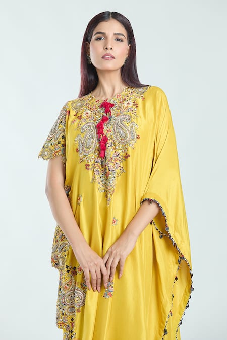 Buy Anamika Khanna Yellow Silk Sequins Round Neck Paisley Embroidered Kaftan With Draped Skirt Online at Aza Fashions Buy_Anamika Khanna_Yellow Silk Sequins Round Neck Paisley Embroidered Kaftan With Draped Skirt_Online_at_Aza_Fashions