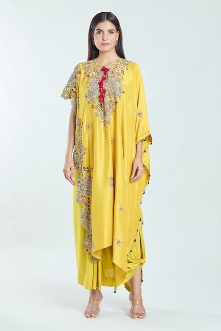 Shop Anamika Khanna Yellow Silk Sequins Round Neck Paisley Embroidered Kaftan With Draped Skirt Online at Aza Fashions Shop_Anamika Khanna_Yellow Silk Sequins Round Neck Paisley Embroidered Kaftan With Draped Skirt_Online_at_Aza_Fashions