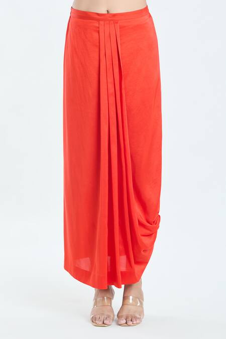 Anamika Khanna Red Silk Cut Work Round Neck Floral Embroidered Kaftan And Draped Skirt Set Online at Aza Fashions Anamika Khanna_Red Silk Cut Work Round Neck Floral Embroidered Kaftan And Draped Skirt Set_Online_at_Aza_Fashions