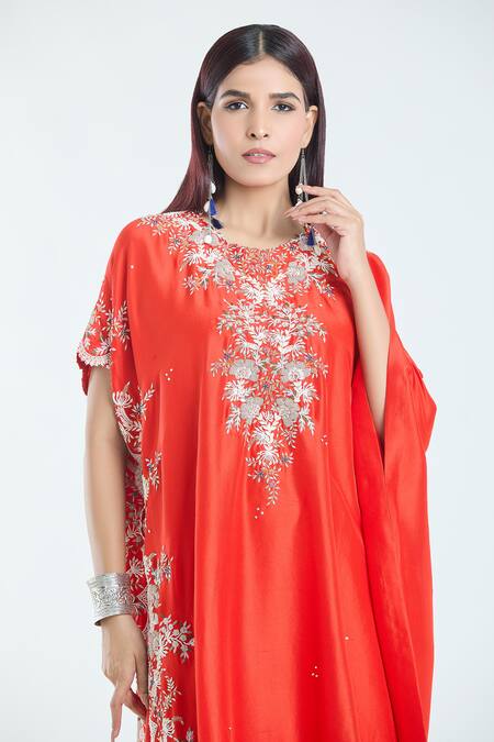 Buy Anamika Khanna Red Silk Cut Work Round Neck Floral Embroidered Kaftan And Draped Skirt Set Online at Aza Fashions Buy_Anamika Khanna_Red Silk Cut Work Round Neck Floral Embroidered Kaftan And Draped Skirt Set_Online_at_Aza_Fashions