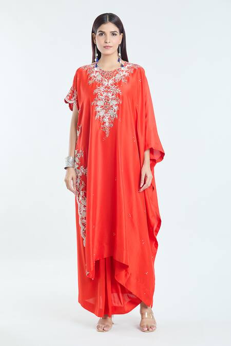 Shop Anamika Khanna Red Silk Cut Work Round Neck Floral Embroidered Kaftan And Draped Skirt Set Online at Aza Fashions Shop_Anamika Khanna_Red Silk Cut Work Round Neck Floral Embroidered Kaftan And Draped Skirt Set_Online_at_Aza_Fashions