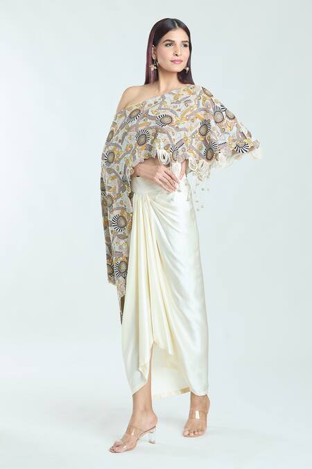 Shop_Anamika Khanna_Multi Color Embroidered Cape And Draped Skirt Set _Online_at_Aza_Fashions