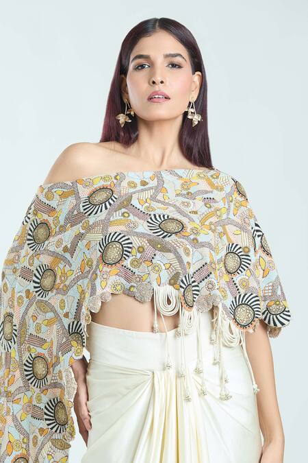Anamika Khanna_Multi Color Embroidered Cape And Draped Skirt Set _at_Aza_Fashions