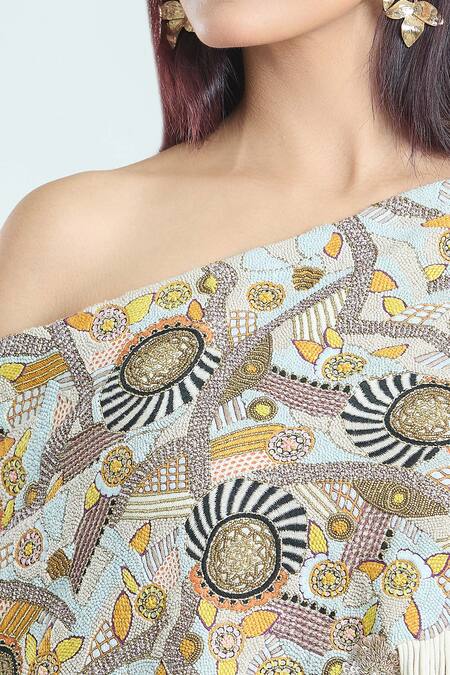 Buy_Anamika Khanna_Multi Color Embroidered Cape And Draped Skirt Set 