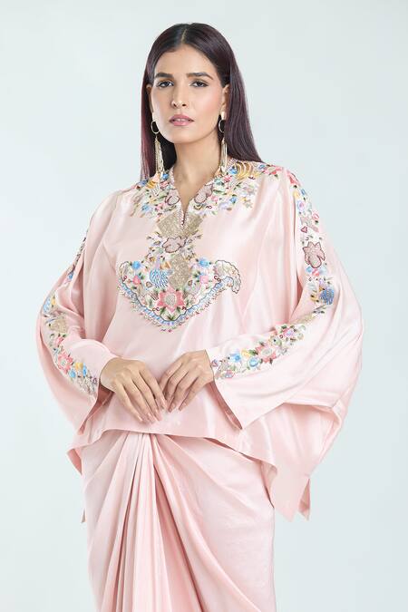 Buy Anamika Khanna Pink Silk Embroidery Split V-neck Kaftan Top And Draped Skirt Set Online at Aza Fashions Buy_Anamika Khanna_Pink Silk Embroidery Split V-neck Kaftan Top And Draped Skirt Set_Online_at_Aza_Fashions
