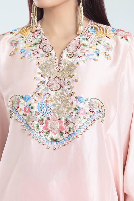 Shop Anamika Khanna Pink Silk Embroidery Split V-neck Kaftan Top And Draped Skirt Set Online at Aza Fashions Shop_Anamika Khanna_Pink Silk Embroidery Split V-neck Kaftan Top And Draped Skirt Set_Online_at_Aza_Fashions