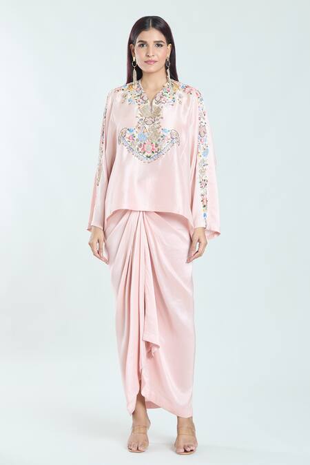 Anamika Khanna Pink Silk Embroidery Split V-neck Kaftan Top And Draped Skirt Set at Aza Fashions Anamika Khanna_Pink Silk Embroidery Split V-neck Kaftan Top And Draped Skirt Set_at_Aza_Fashions