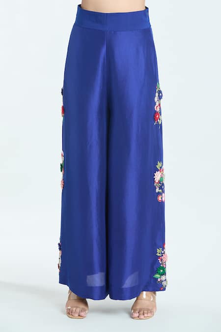 Anamika Khanna_Blue Cotton, Silk Embroidery Collared Floral Peplum Top And Palazzo Set_Online_at_Aza_Fashions