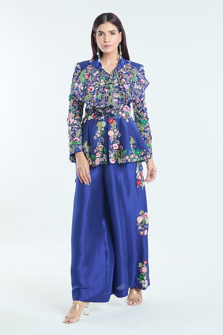 Buy_Anamika Khanna_Blue Cotton, Silk Embroidery Collared Floral Peplum Top And Palazzo Set_Online_at_Aza_Fashions