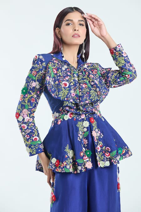 Shop_Anamika Khanna_Blue Cotton, Silk Embroidery Collared Floral Peplum Top And Palazzo Set_Online_at_Aza_Fashions